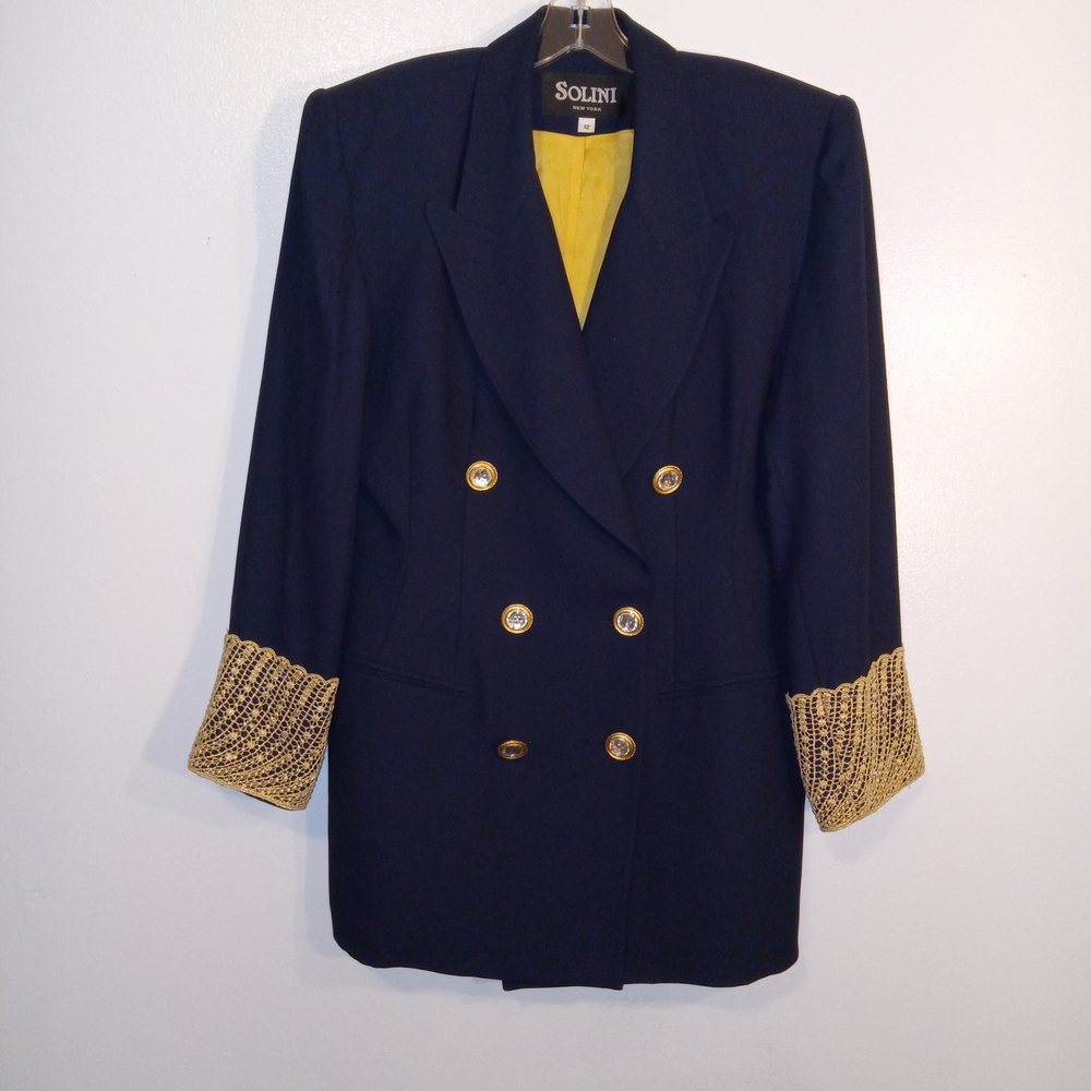 Vintage Solini Women's Navy Blazer with Gold Accents